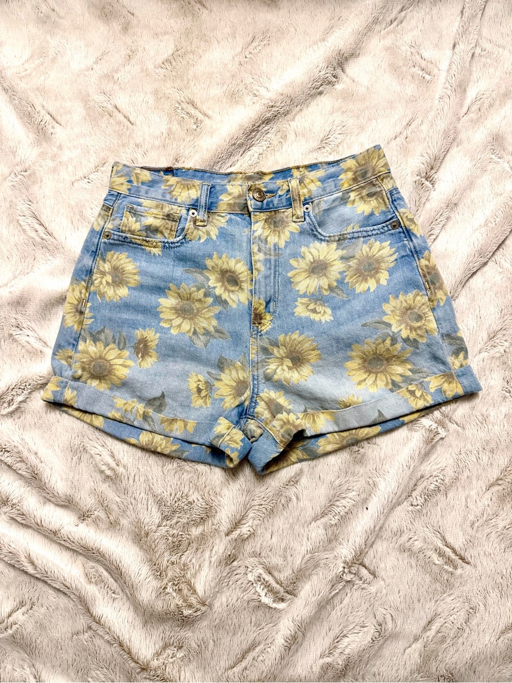 American Eagle Outfitters Sunflower Print Denim Shorts - Yellow/Blue